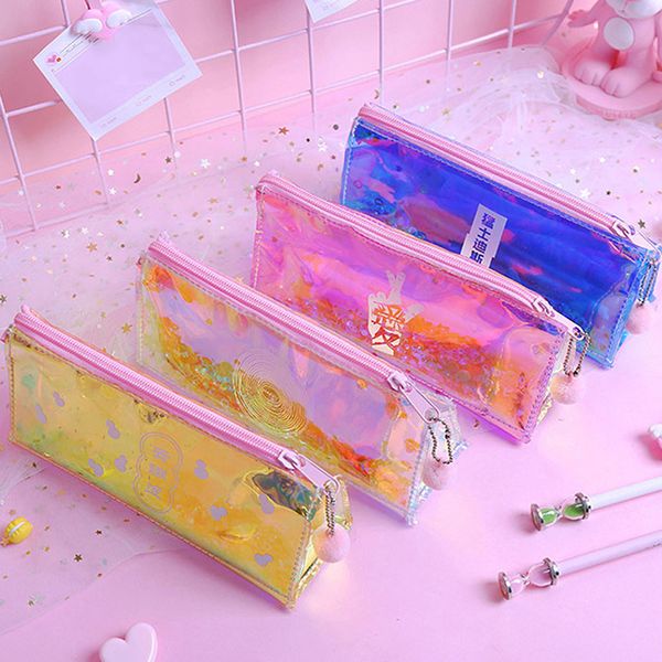 

women hangbags laser pencil case quicksand reflective pencilcase transparent color penbox stationery office school supplies