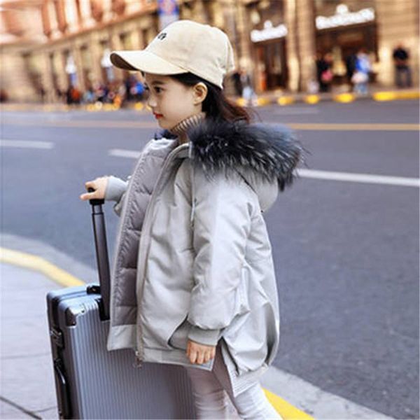 

2019 winter children girls warm jacket coat kids girls white duck down parkas teenage real fur collar hooded long outwears w168, Blue;gray