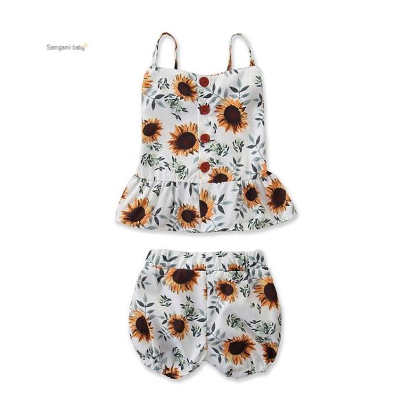 

2020 children's clothing girls summer tide straps 2-piece sun flower set, White