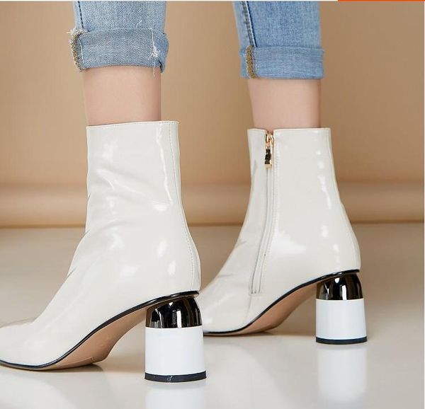 

white shine leather women boots vintage autumn short booties 6cm chunky high heels black botas mujer zapato femininos
