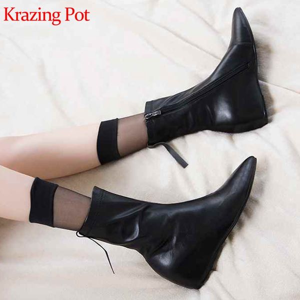 

krazing pot new microfiber pointed toe high heels increasing zipper solid keep warm stretch ankle boots l77, Black
