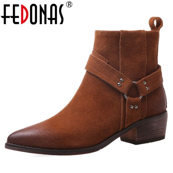 

fedonas vintage ankle boots women autumn winter side zipper boots party shoes woman metal decoration cow suede short, Black