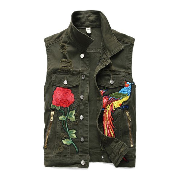 

vintage punk mens sleeveless denim jacket phoenix embroidery green jeans vest mens outdoors waistcoat casual streetwear vest, Black;white