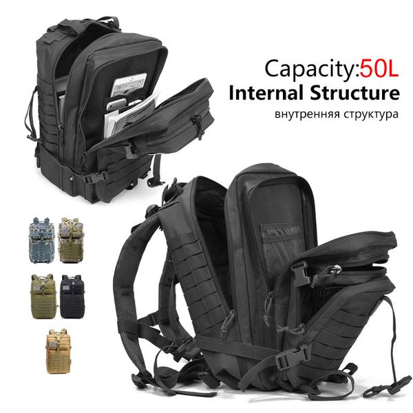 

50l large capacity man army tactical backpacks outdoor waterproof assault bags 3p pack for sport trekking camping hunt