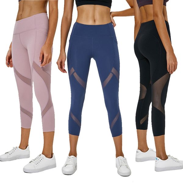 

new pocket yoga pants ladies high waist stretch mesh tight-fitting running peach buttocks naked sense seven points fitness pants, White;red