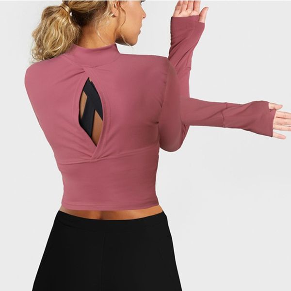 

mermaid curve new half zipper women yoga shirts short style long sleeve dry fast sports t shirt back hollow running t shirt, White;red