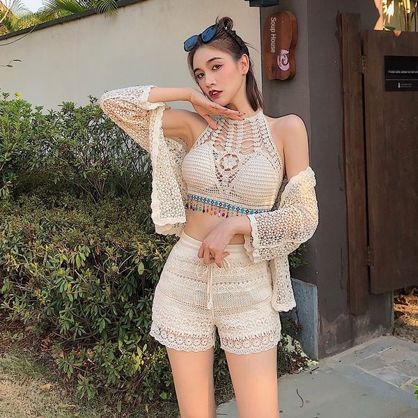 

2020 bohemia national style beach backless bikini swimsuit bikini knitted split three-piece swimsuit female, White;black