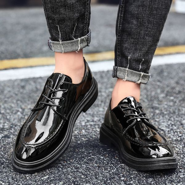 

combination-] autumn and winter new style england retro business leather shoes hair stylist bright surface casual leather shoes, Black