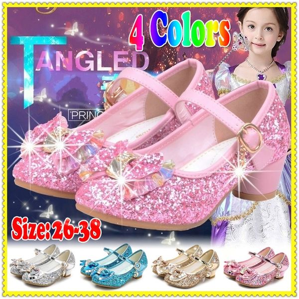 

princess kids leather shoes for girls flower casual glitter children high heel girls shoes butterfly knot blue pink silver, Black;red