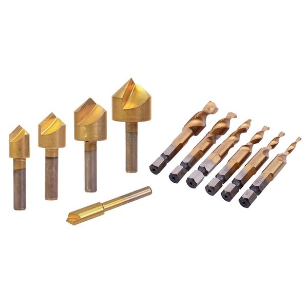 

11pcs drill bit set: 5pcs chamfering countersink drill bit set - 1/4 to 3/4 inch & 6pcs hss titanium m3 - m10 combination hex de