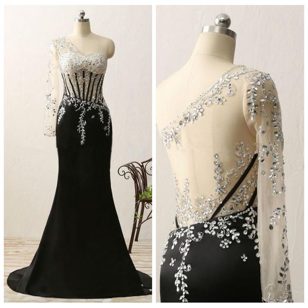 

sheer one long sleeves mermaid bling bling prom dresses beaded slim black customized formal women evening party gowns 2020 real ps