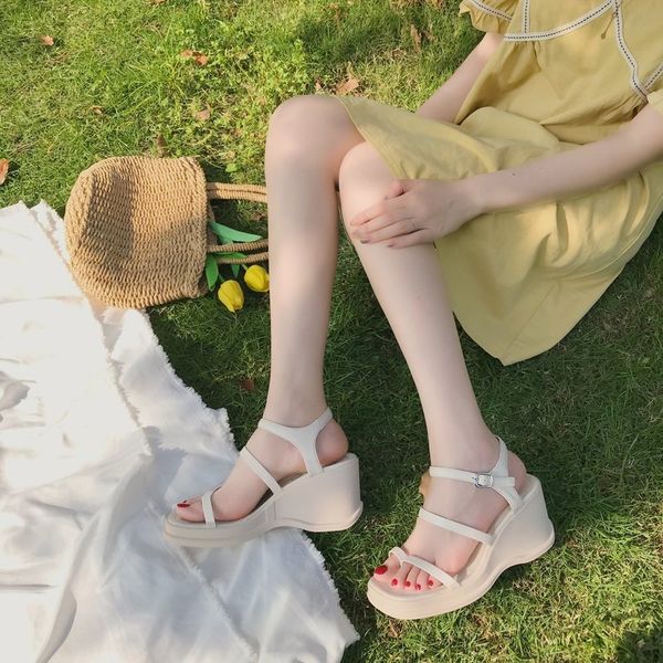 

flip flops platform 2020 sandals ladies shoes summer suit female beige with heel clear heels square toe all-match buckle, Black