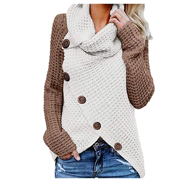 

casual woolen yarn long sleeve irregular daily with buttons women sweater warm soft patchwork home winter turtleneck knitted, White;black