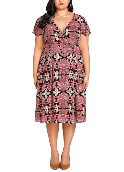 

women plus size dress v neck floral print short sleeve elegant slim large size dress g10210ro-xl, White;black