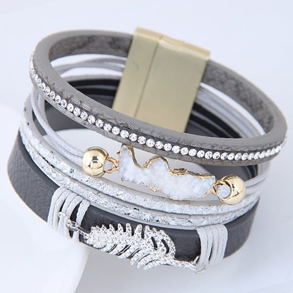 

diezi fashion punk multilayer leather leaves wide wrap bracelets for women men velvet rhinestone magnet buckle bracelets bangles, Golden;silver