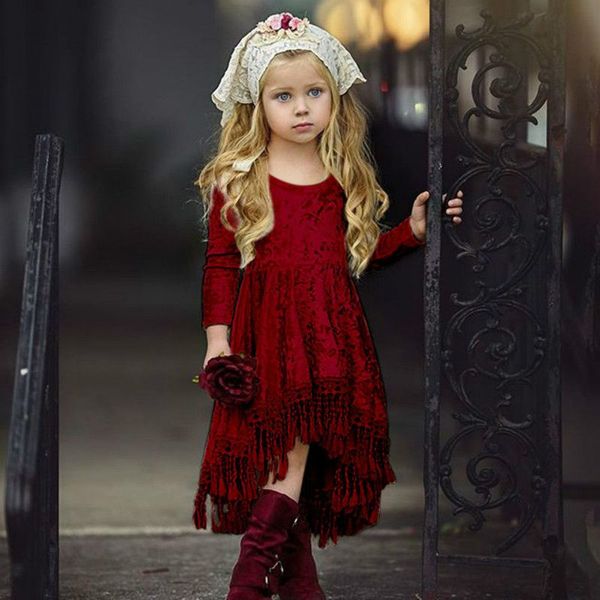 

new kids girls princess dresses autumn red velvet tassel long sleeves dress for baby girl spring children birthday clothing, Red;yellow