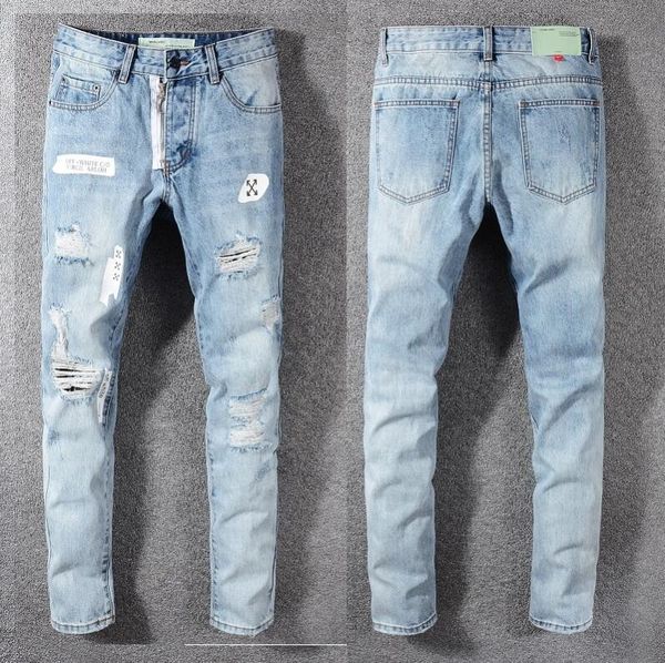 

2020 wholesale destruction men's slim jeans straight motorcycle skinny jeans casual pants men's ripped jeans size 28-40 12, Blue