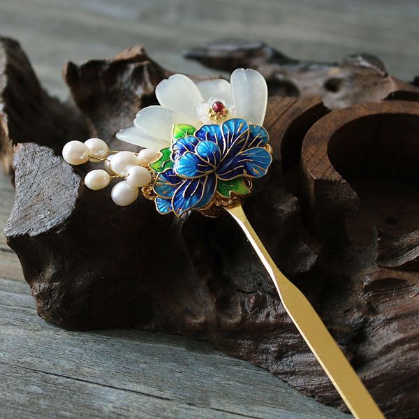 

handcrafted cloisonne hair pins natural pearls wedding hair accessories hairgrip vintage barrette saitama jewelry, Golden;white