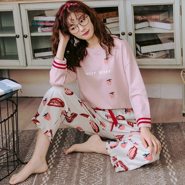 

new arrival sleepwear pink + print pants pajamas sets women long sleeve lovely nighty nightwear soft cotton homewear, Black;red