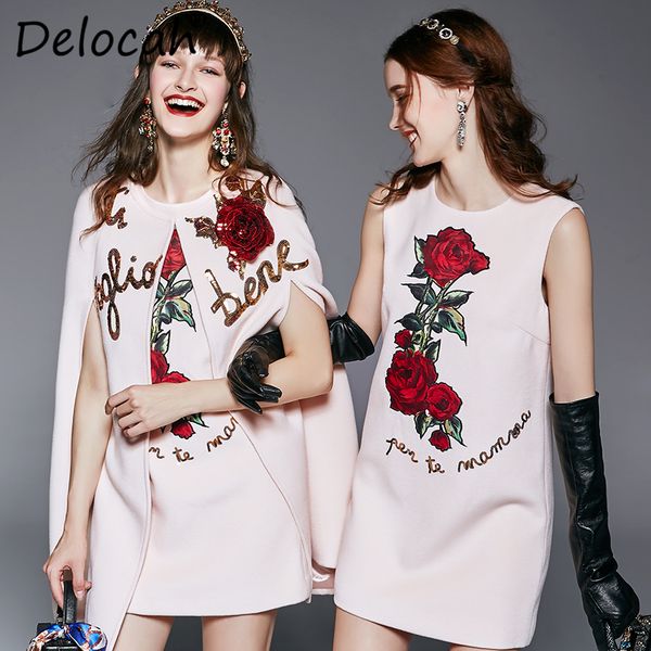 

delocah 2019 autumn winter women coat runway fashion designer gorgeous sequined rose printed overcoat + slim vest ladys dresses, Black