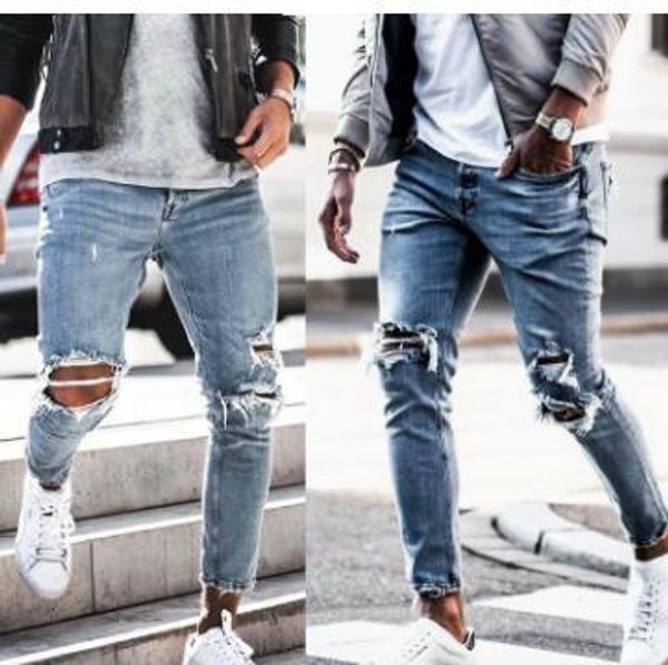 

mens spring new ripped jeans denim blue holes hombres street clothing casual long pencil pants