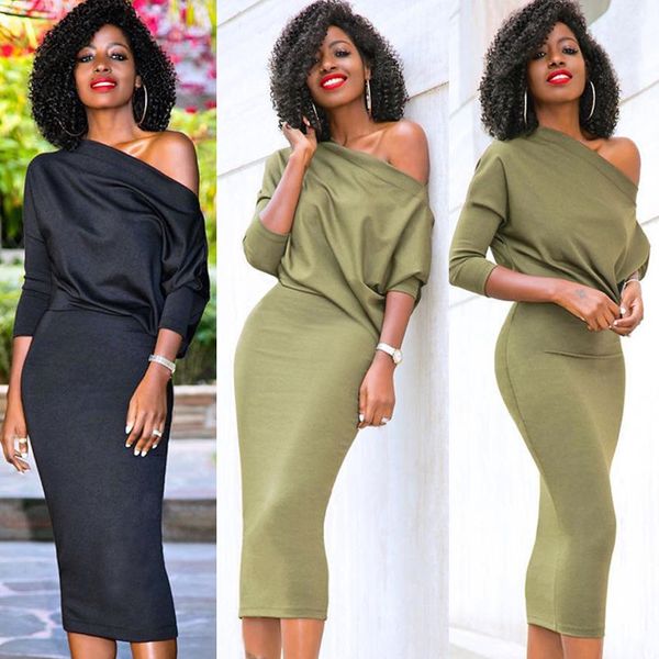 

women off shoulder plain dress office ladies long sleeve bodycon dress spring fall solid skew collar slim sheath dress, Black;gray