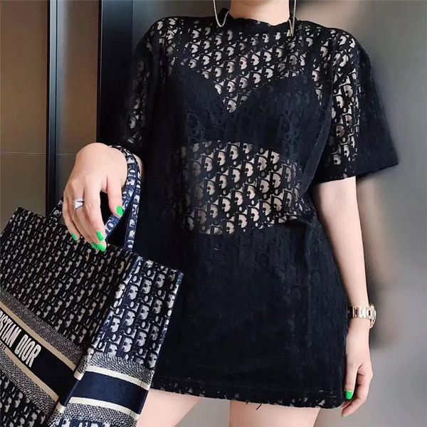 

Women letter hollow out blou e ummer runway fa hion round neck hort leeve top over ized hirt party tee treetwear