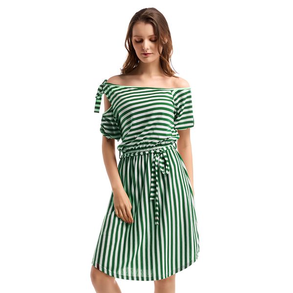 

bikitique solid stripe print one neck short sleeve waist closed dress women casual belt bodycon dress off shoulder vestidos, Black;gray