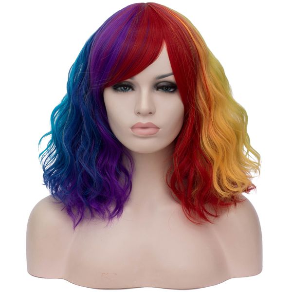 

ladies multicolor stitched gradient hair synthetic short wig with bangs curly wavy black and white blue pink color cosplay wigs