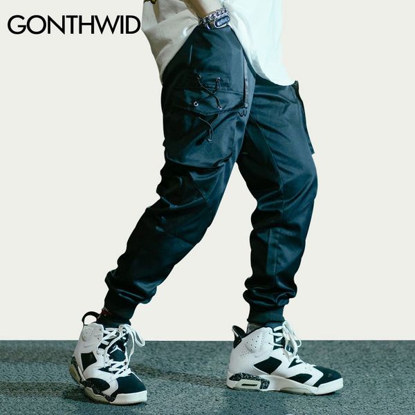 

gonthwid side zipper pocket ribbon cargo harem pants hip hop joggers streetwear pants sweatpants men 2019 autumn casual trousers, Black