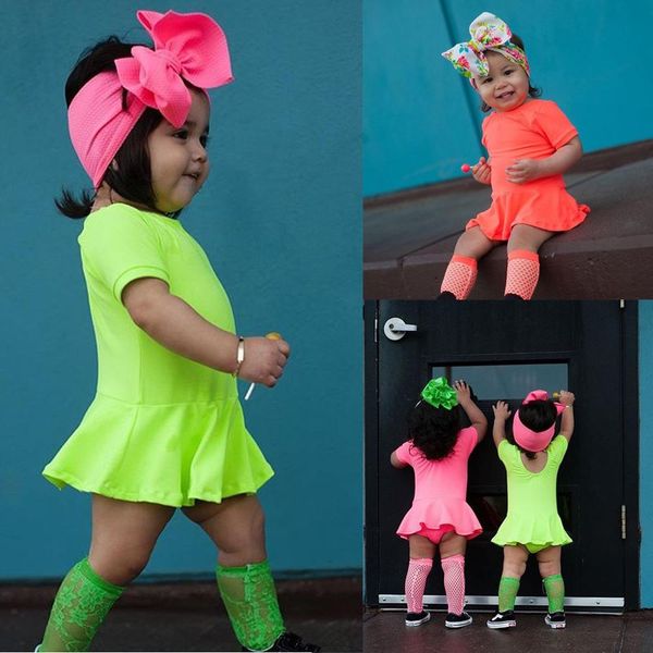 

baby girls dress fluorescent color dress toddler kid baby girl solid short sleeve romper princess clothes 2019 newest, Red;yellow