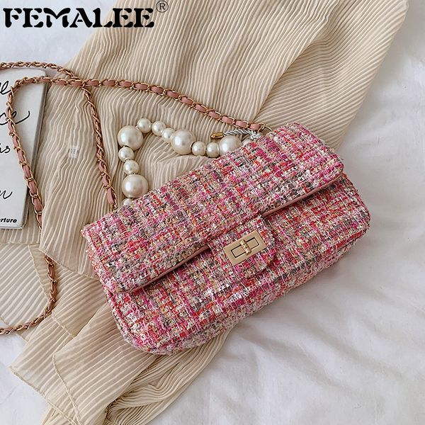 

корейский моды цепи моды tweed satchel плед сумка жемчужные ручки цепи 2019 шерсть кожа pu cross body bag sac