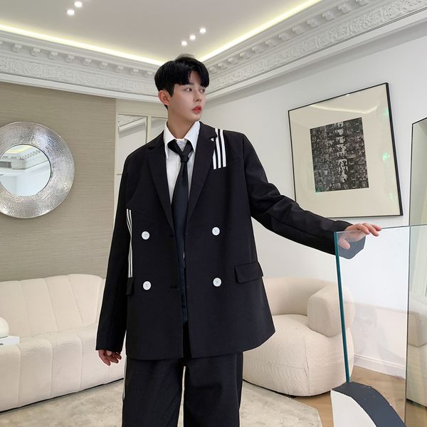 

men 2pcs suits sets vintage college style casual stripe suit jacket trousers male streetwear suit coat outerwear pant, White;black