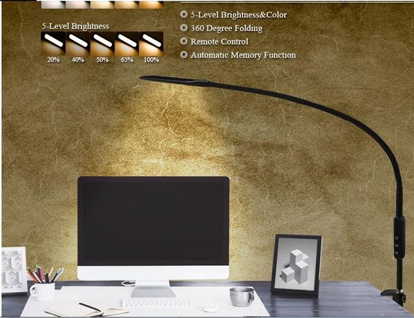 

long arm table lamp clip office led desk lamp remote control eye-protected lamp for bedroom led light 5-level brightness&color