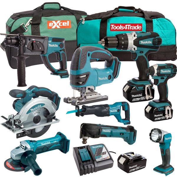 

Makita 18v li ion 9 piece kit with 3 x 5 0ah batterie and 2 x tool bag