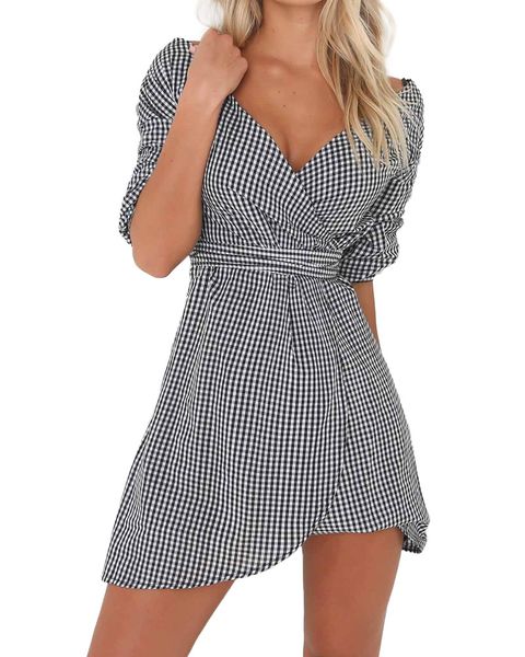 

women off shoulder shirt dress striped plaid deep v neck wrap dress drop shoulder mini party dresses casual summer 2019, Black;gray
