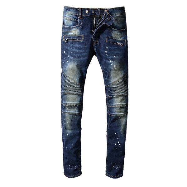 

2018ss new french style fashion men's jeans blue color skinny fit spliced ripped jeans street destroyed biker denim jeans