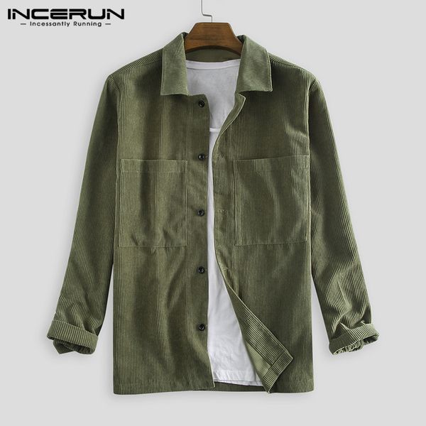 

men corduroy shirts vintage long sleeve solid color lapel pockets streetwear casual shirts men outerwear 2019, White;black