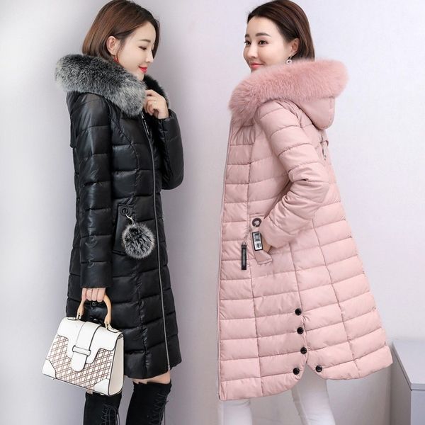 

fur collar women warm thick coat 2018 winter jacket women long down parkas female hooded fashion casual faux leather clothes, Black