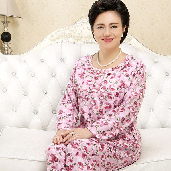 

middle-aged women's pajama suit spring, autumn and winter pure cotton mom home wear printed long sleeve pants