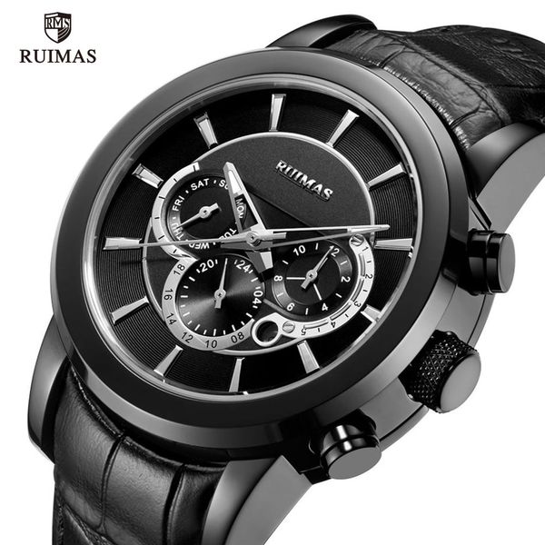 

ruimas men's leather chronograph watches waterproof quartz wristwatch man luxury brand sports watch relogios masculino 6767, Slivery;brown