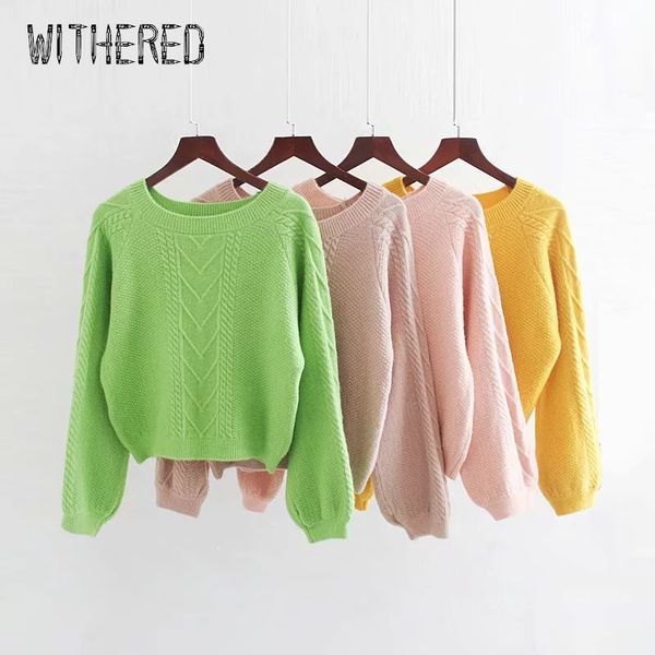 

withered sweater women vintage multicolor cashmere warm o-neck drop-shoulder lantern sleeve pullovers femme sweaters women, White;black