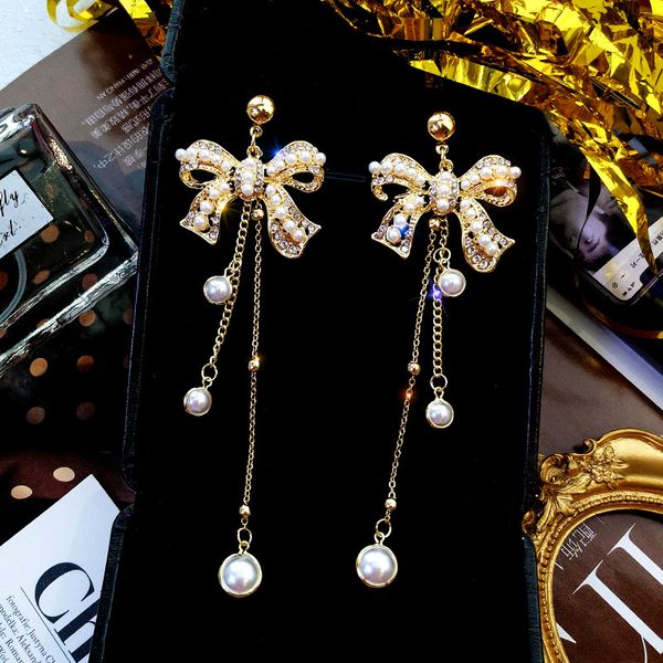

bow earrings korean temperament long tassel ear pendant cool all-match net red fashion exaggerated ear stud female, Golden;silver