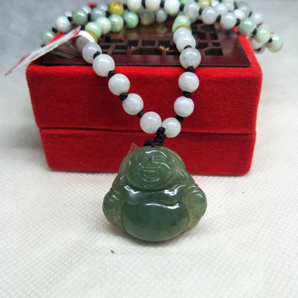 

zhe ru jewelry pure natural jadeite dark green laughing buddha pendant tri-color bead necklace send class a certificate, Silver