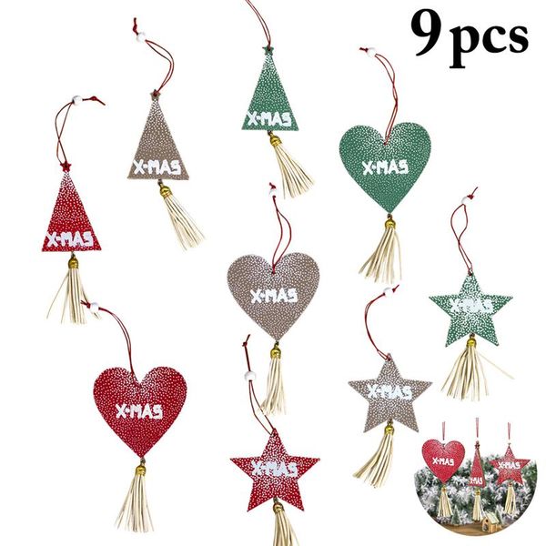 

9pcs wooden painted christmas hanging ornament wood heart star tree shape xmas tree ornament letter tassel decoration sign