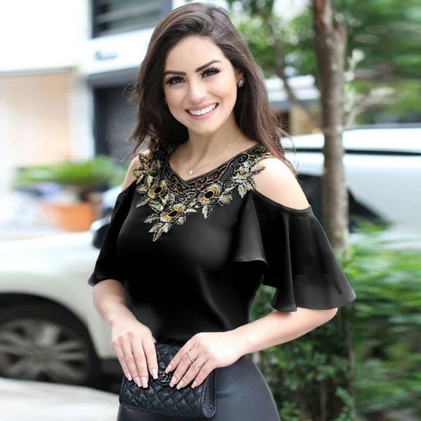 

the new spring/summer 2020 cross-border ladies' blouses of european and american women are loose and sexy, v-neck and short-sleeved t-s, White