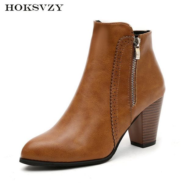 

hokszvy 2020 women leather point toe zipper boots ankle boots square heels autumn winter size head ftx, Black