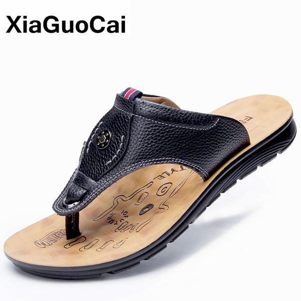

summer men flip flops genuine leather casual slippers outdoor beach shoes 2020 male message slippers sale, Black