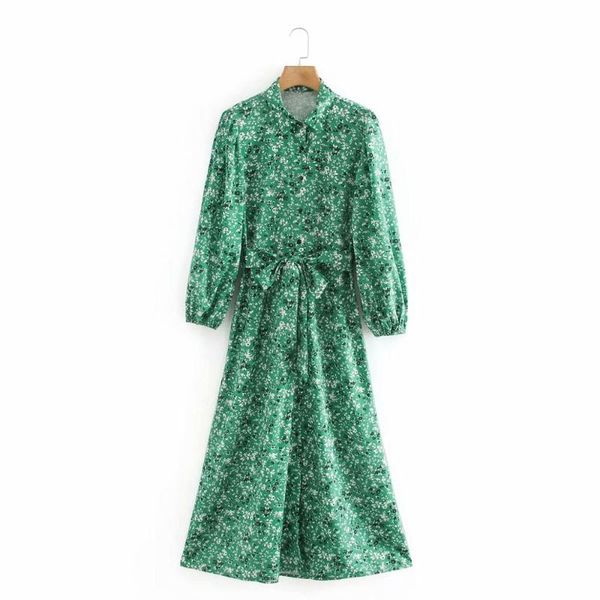 

2020 women vintage flower print bow sashes green midi dress office ladies pleats puff sleeve vestidos chic a line dresses ds3813, Black;gray