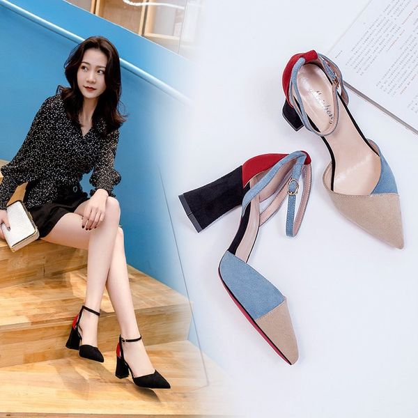 

baotou chunky heels sandals womens 2019 new one word sandals with high heels color matching fashion pointy womens shoes summer, Black